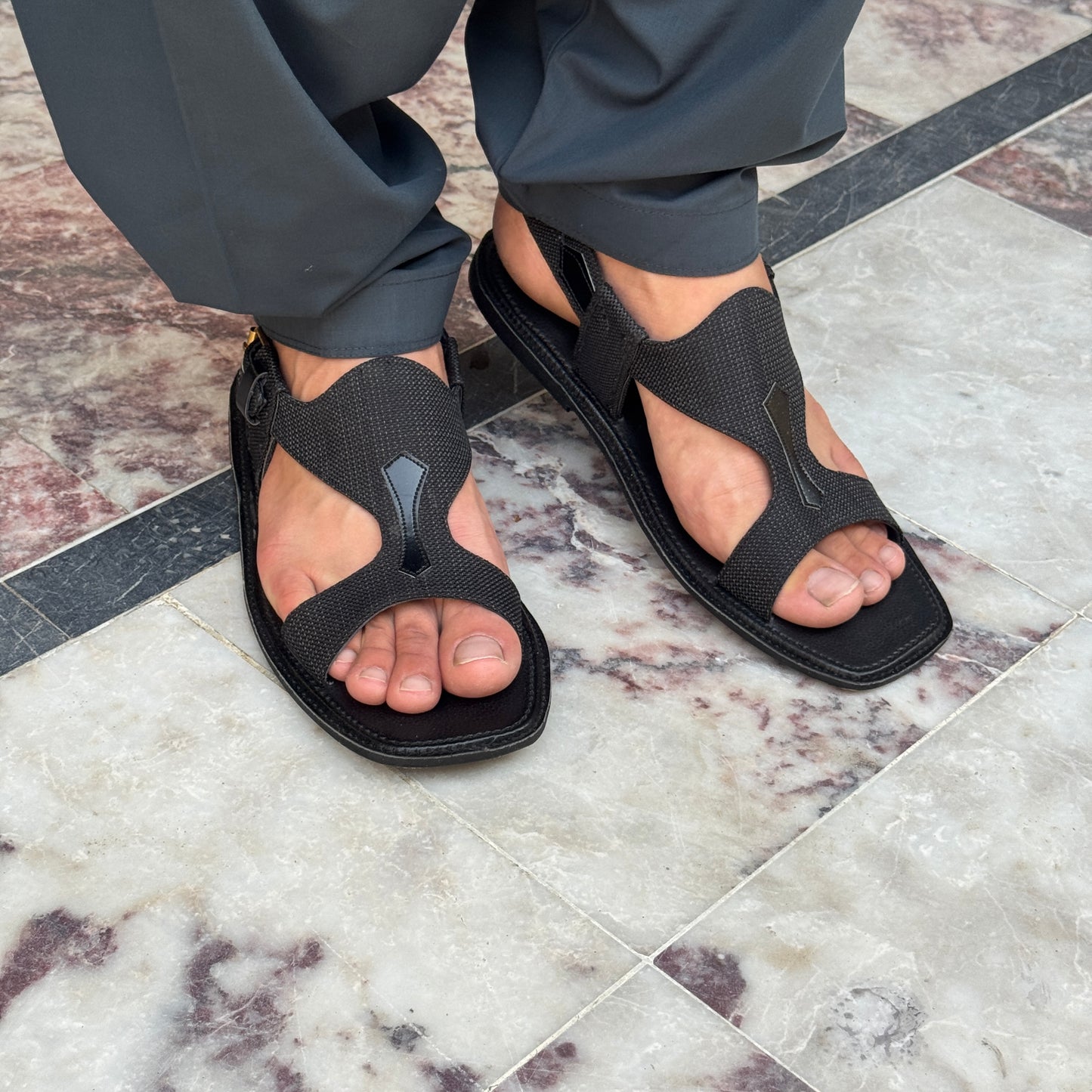 Black Fabric & Leather Panjedar Chappal