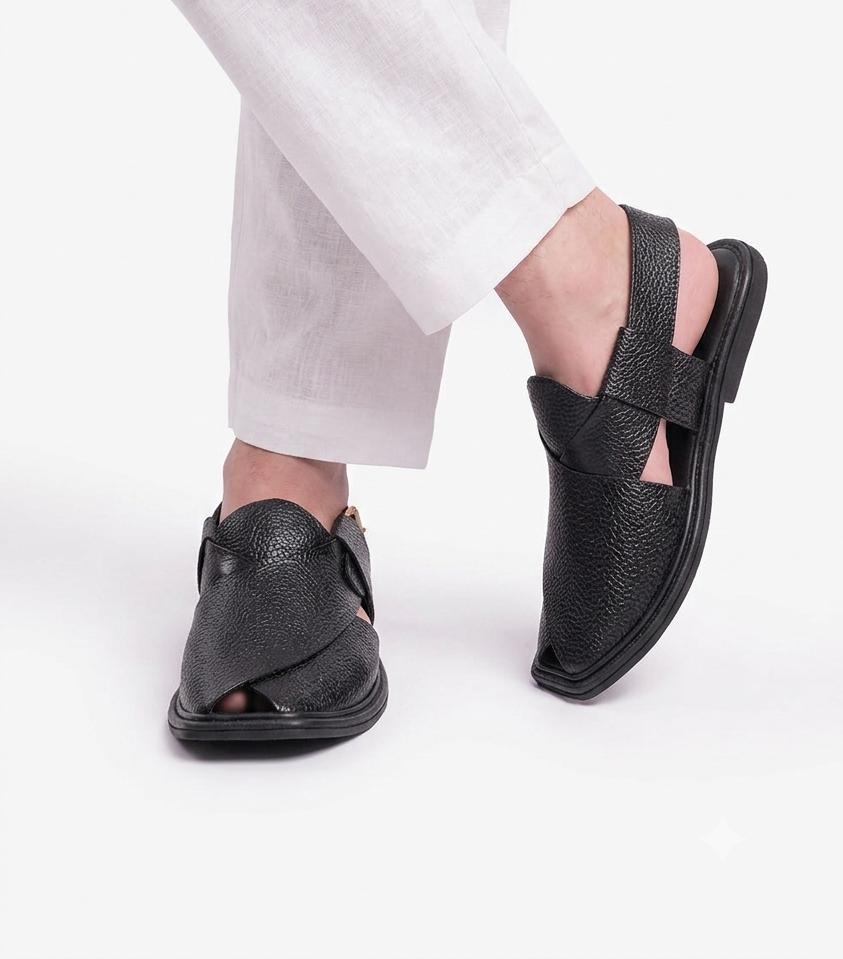 Classic Black Soft Leather Peshawari Chappal