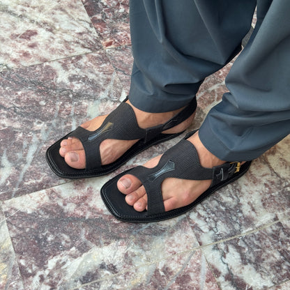 Black Fabric & Leather Panjedar Chappal
