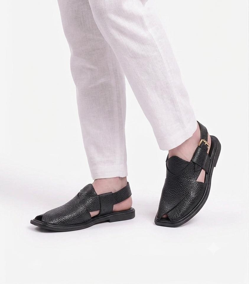 Classic Black Soft Leather Peshawari Chappal